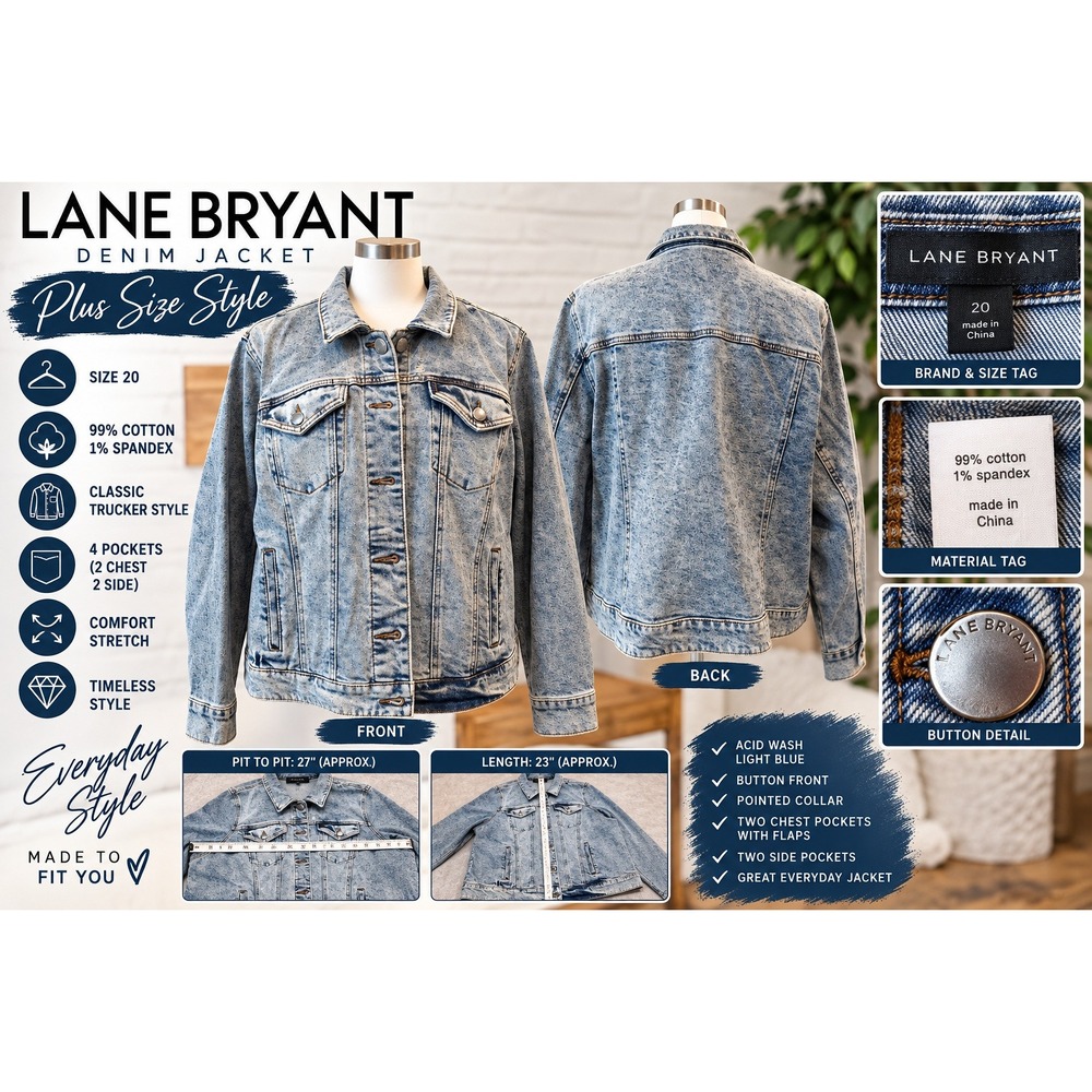 Lane Bryant Women 20 Acid Wash Denim Trucker Jacket Light Blue Stretch Cotton
